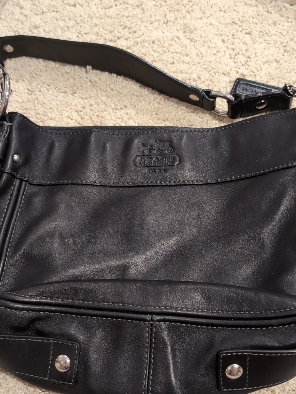 Coach Black Leather Messenger Bag with Silver-Tone Hardware